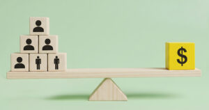 Illustration showing employee icons balanced against a dollar symbol, representing the relationship between employee retention and compensation.